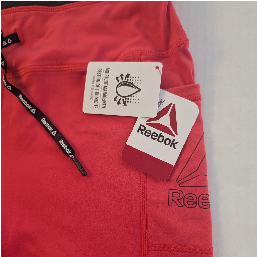 Reebok Fitted High Rise Shorts Womens L Coral Red Pockets Drawstring NWT - Picture 4 of 8
